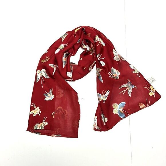 Metropolitan Museum of Art Silk Red Doubled Scarf Butterflies Print Italy - Picture 2 of 12